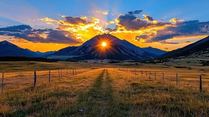 Obraz premium A peaceful mountain landscape at sunset with vibrant colors in the sky and light casting dramatic shadows on the peaks
