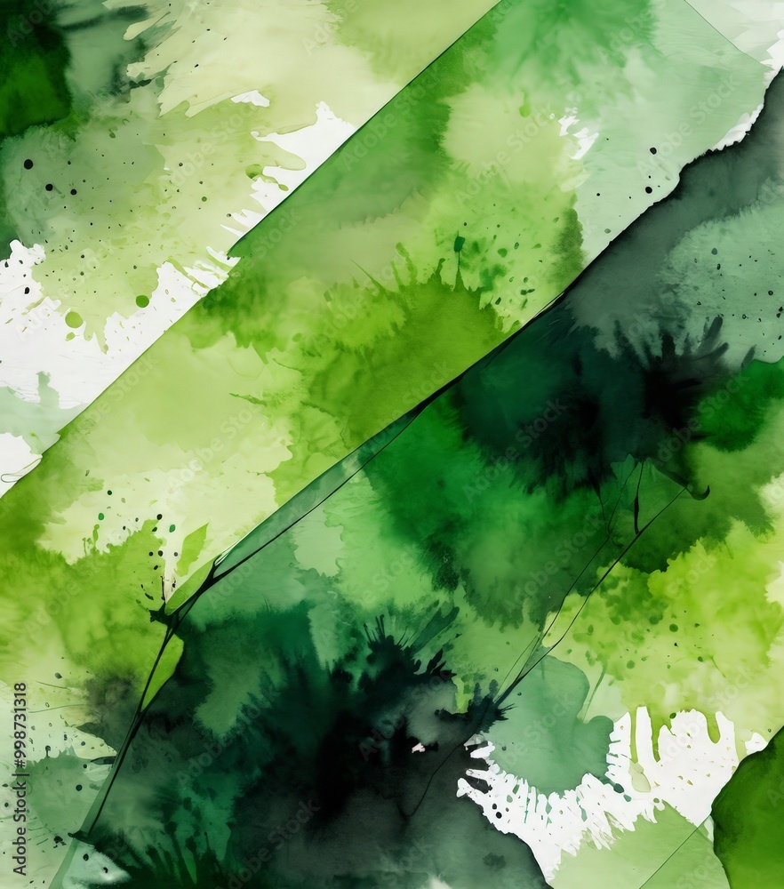 Aufkleber an abstract watercolor painting featuring a vibrant mix of green and white hues, with splashes of bl