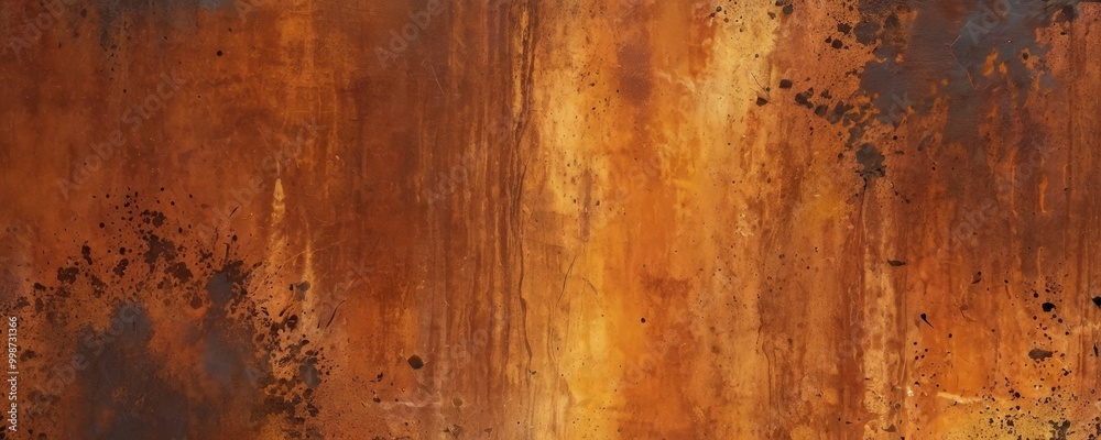 Poster a close-up view textured surface with a reddish-brown hue, featuring vertical lines and splatters of color