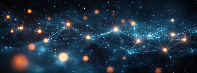 Obraz premium A grid of glowing dots connected by lines forms a complex network against a dark background. For data systems, digital networks, futuristic concepts.