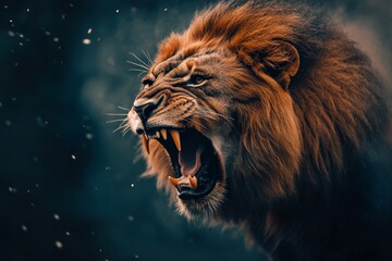 Fototapeta premium Roaring male lion. An angry lion with an open mouth. expression of anger. Portrait of a big male lion with open mouth. 