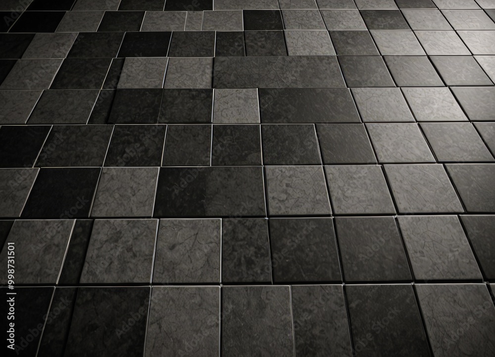 Fototapete A close-up view tiled floor, featuring a grid-like pattern of square tiles in various shades of gray and black