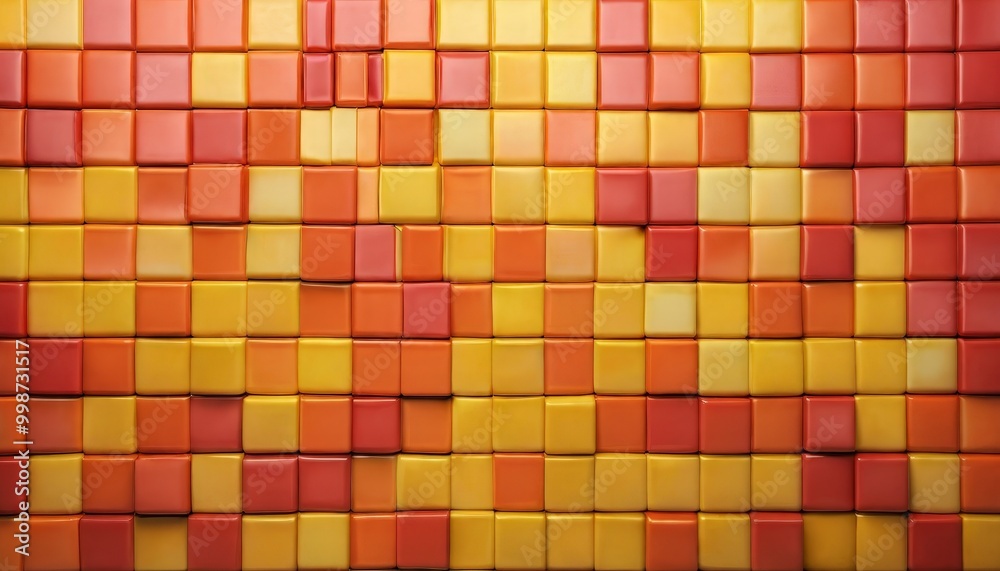 Poster a vibrant mosaic of overlapping square tiles in warm hues of orange, yellow, and red, creating a vis