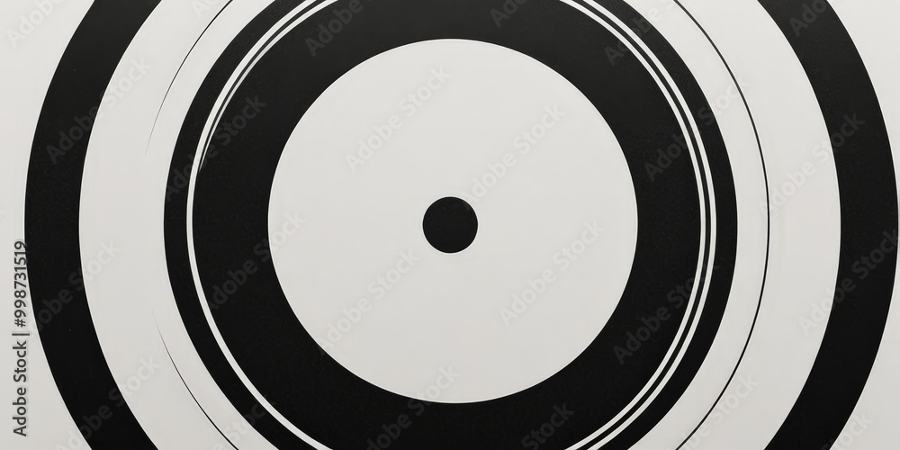 Poster a striking black and white composition with a central black circle and concentric black and white rings surrounding it, creating a sense of depth and movement