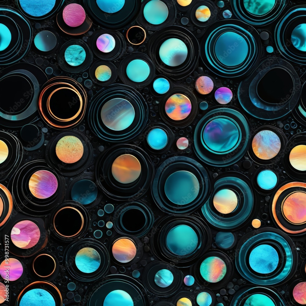 Poster a repeating pattern of circular shapes in various shades of blue, black, and orange, creating a visually striking and abstract design