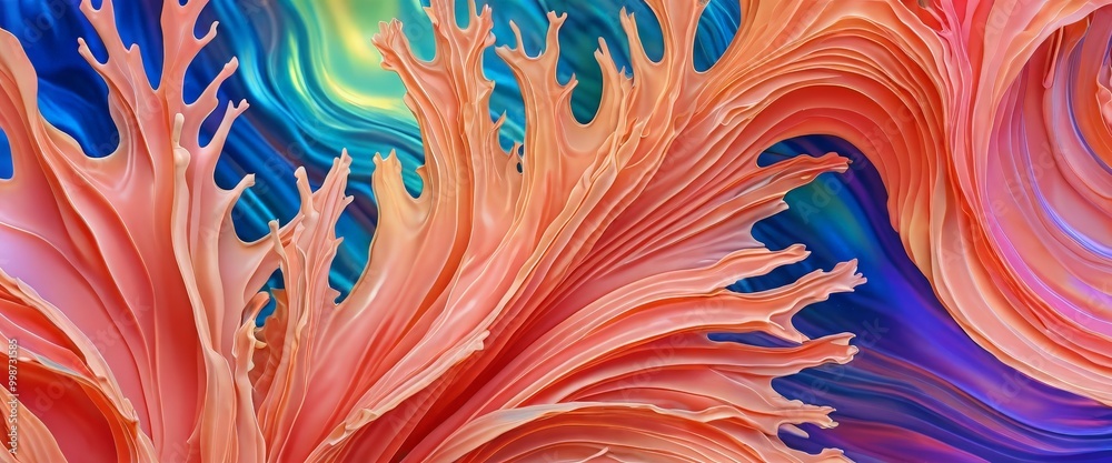 Poster a close-up view vibrant, abstract coral-like structure composed of overlapping, curved lines in shades of orange, pink, blue, and green