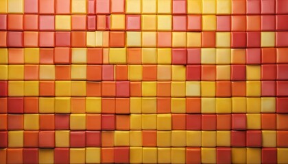 A vibrant mosaic of overlapping square tiles in warm hues of orange, yellow, and red, creating a visually striking pattern