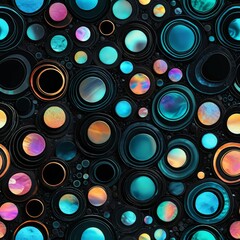 a repeating pattern of circular shapes in various shades of blue, black, and orange, creating a visually striking and abstract design