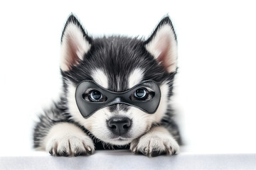 Obraz premium portrait of a funny dog in zorro mask with vicious face expression; studio shot; husky doggy isolated on white background
