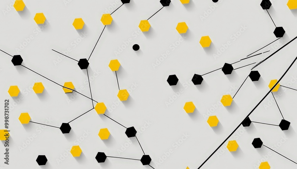 Aufkleber a geometric pattern composed of numerous hexagonal shapes in various shades of yellow and black, arranged in a complex network of intersecting lines and curves