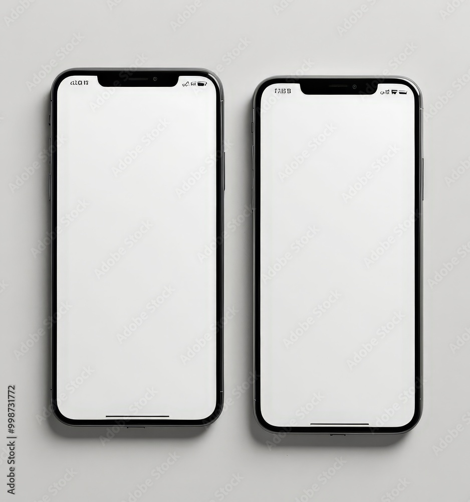 Aufkleber Two iPhones with black frames and white screens are displayed side by side against a light gray background