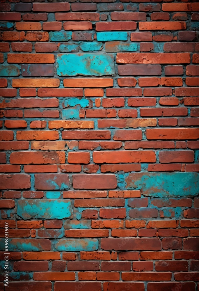 Poster a close-up view brick wall, with the bricks exhibiting a mix of red and blue hues The bricks are arranged in a pattern, creating a textured and visually interesting surface