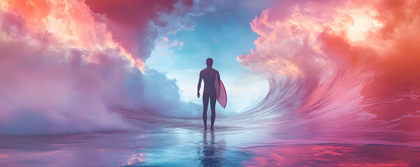 Silhouette of a Surfer Standing with a Surfboard in Front of a Massive Wave and a Pink and Blue Sky