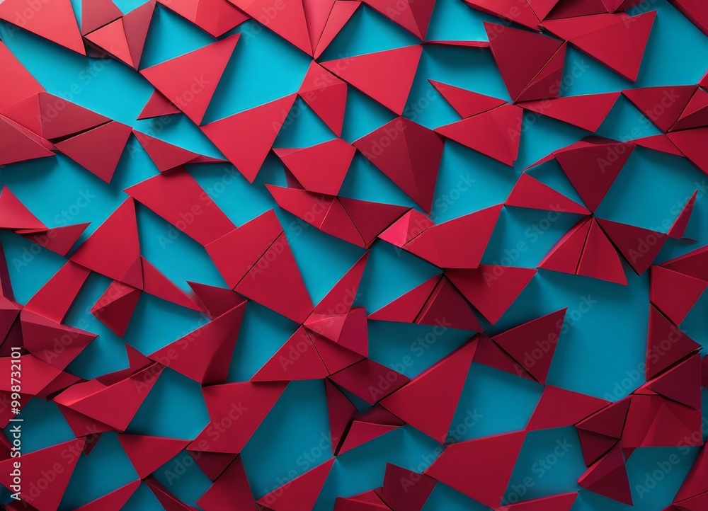 Poster a geometric pattern composed of numerous red triangles arranged in a random, overlapping manner against a blue background