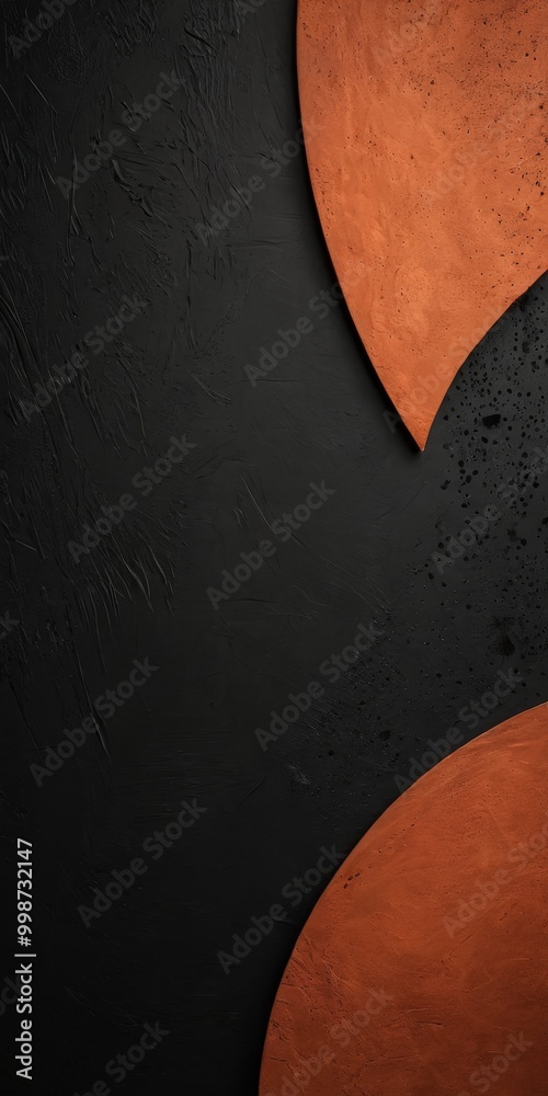 Poster abstract composition featuring two overlapping circles, one orange and one black, against a dark bac