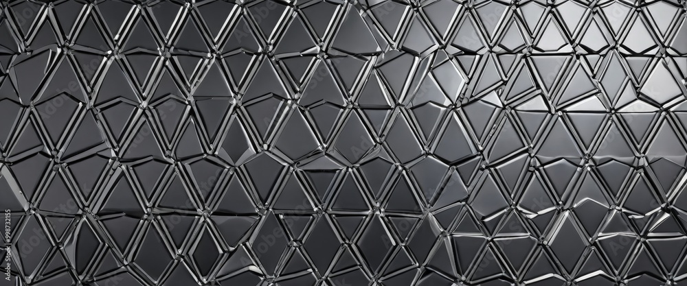 Poster a close-up view metallic surface composed of numerous triangular shapes, arranged in a repeating pattern The metallic surface exhibits a reflective and smooth texture,