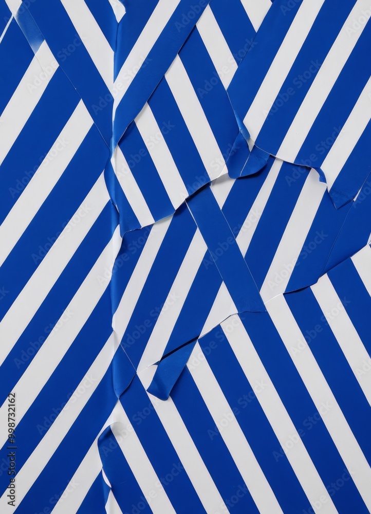 Poster a close-up view pattern of blue and white stripes, with some of the stripes appearing to be torn or 