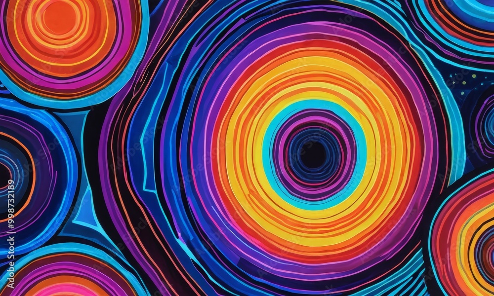 Poster a vibrant abstract pattern composed of concentric circles in various colors, including orange, blue, purple, and yellow, creating a visually striking and dynamic composition