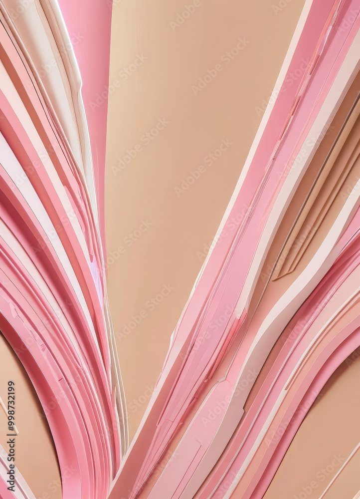 Poster a complex arrangement of curved lines and shapes in shades of pink and beige, creating a visually striking abstract composition