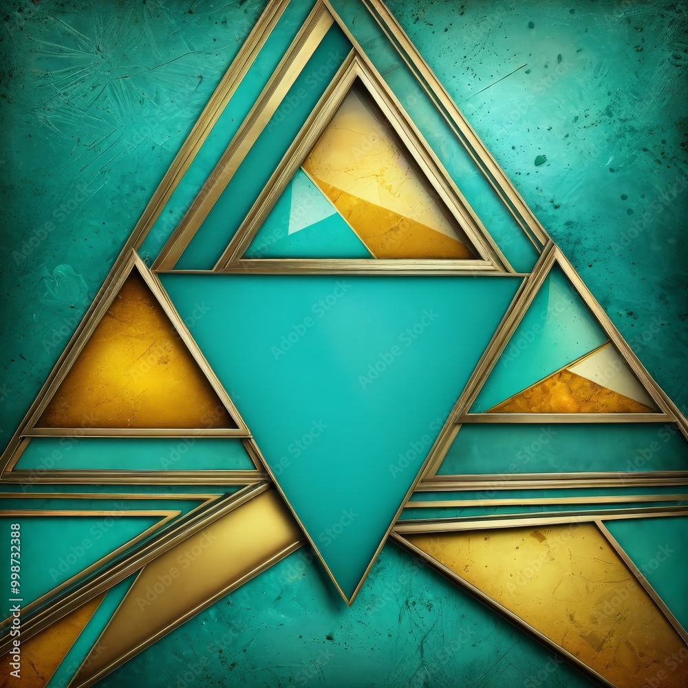 Aufkleber a geometric composition of overlapping triangles in various shades of blue and gold, set against a t