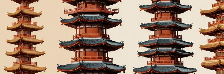Fototapeta premium A collage of three distinct pagodas, each with unique architectural features, set against a beige background