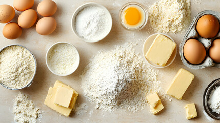 Baking Ingredients Flatlay - Flour, Eggs, and Butter Photo