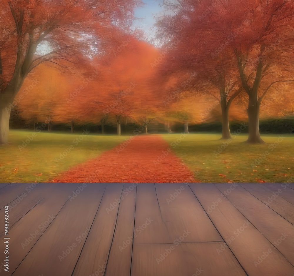 Aufkleber a serene autumn scene unfolds in a park, with a path lined with vibrant orange and red leaves leadin