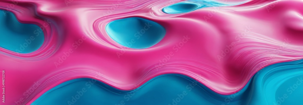 Poster a vibrant abstract composition of pink and blue hues, with a central blue circle and a pink wave-like pattern extending from the center towards the edges.