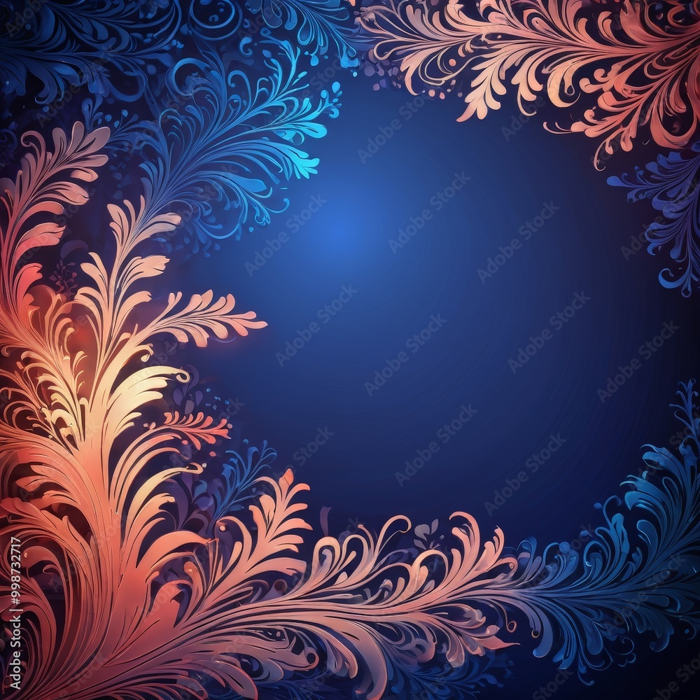 Poster a vibrant, abstract floral pattern with a gradient of blue, orange, and pink colors, creating a dyna