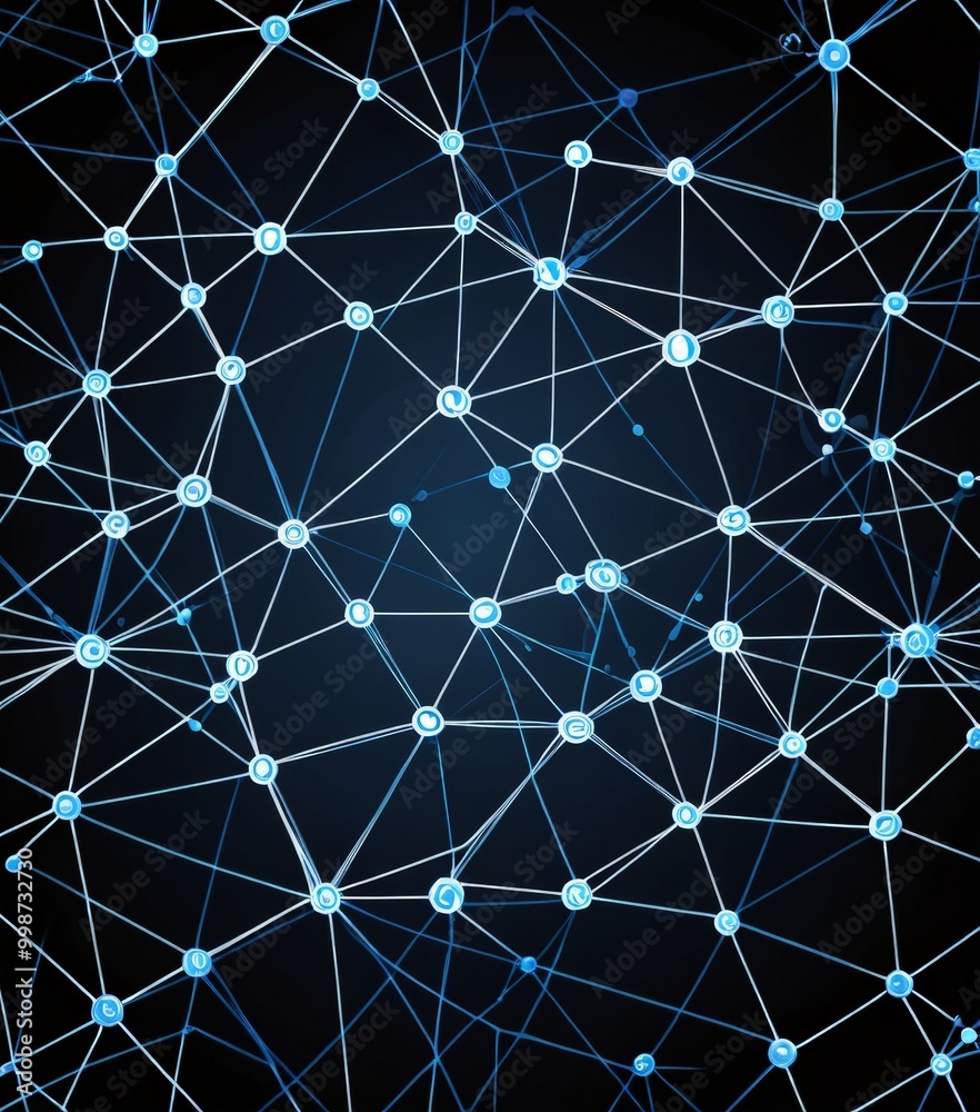 Poster a complex network of interconnected lines and dots, resembling a digital or technological network The lines and dots are arranged in a grid-like pattern,