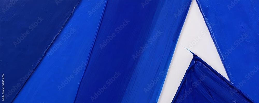 Poster abstract painting featuring bold blue and white brushstrokes, creating a dynamic and visually striki
