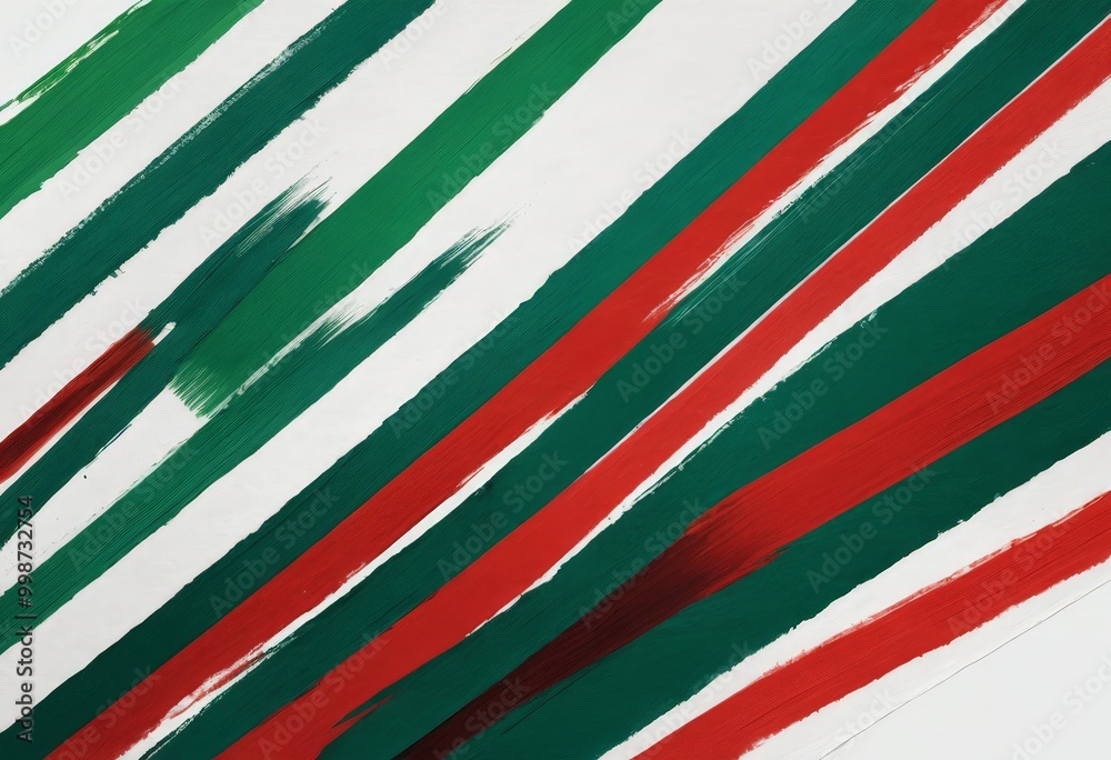 Poster a diagonal pattern of green and red paint strokes on a white background, creating a vibrant and dynamic visual effect