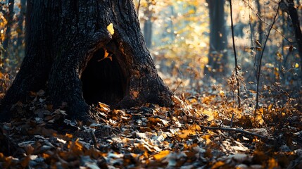 Fototapeta premium A serene forest scene featuring a hollow tree trunk surrounded by fallen leaves, bathed in soft autumn light.