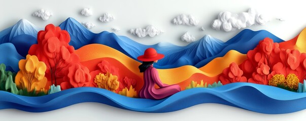 Naklejka premium A vibrant landscape crafted from colorful paper, depicting a serene figure surrounded by mountains and lush vegetation.