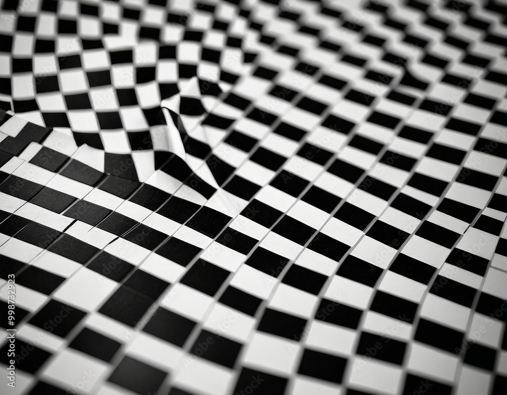 Poster A close-up view checkered pattern composed of black and white squares, with a slight curvature and a sense of depth and movement