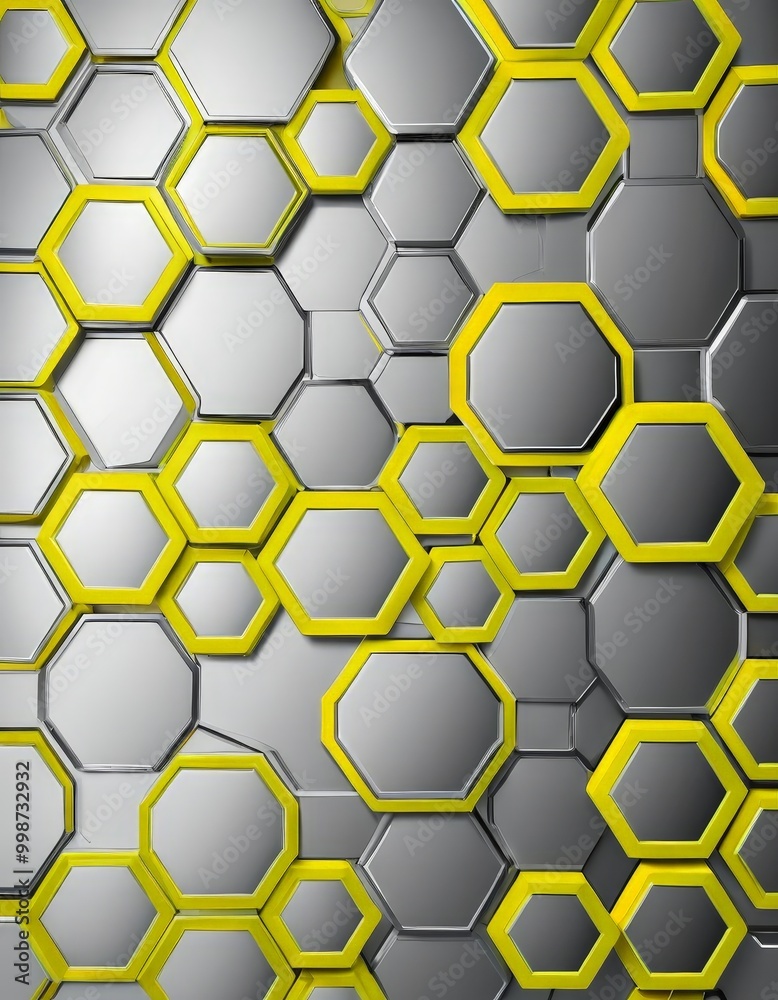Poster a repeating pattern of hexagonal shapes in shades of gray and yellow, creating a visually striking and geometric design.
