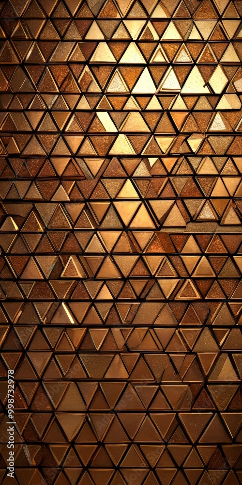 Poster a close-up view mosaic pattern composed of numerous small triangular tiles arranged in a repeating pattern The tiles vary in shades of brown and gold, creating a