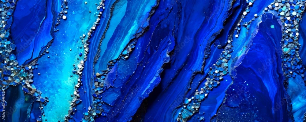 Fototapete a close-up view textured surface with a striking blue color, adorned with small white dots or specks The pattern of the dots is not uniform, with some areas appearing