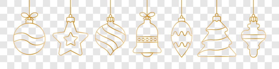 Christmas ball golden line icon.Christmas balls seamless border . Holiday christmas decoration. Marry Christmas and Happy New Year background.