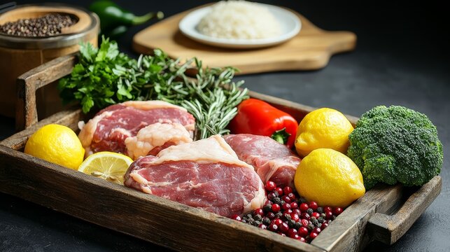 Gourmet Cooking Ingredients Marbled Raw Meat and Fresh Produce on Wooden Tray - Vibrant Culinary Delights for Menu Design or Food Concept