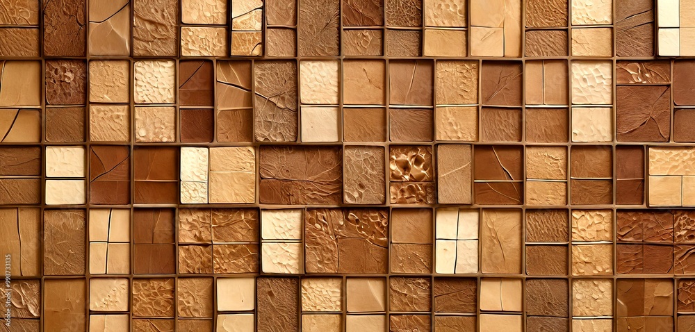 Aufkleber a close-up view of a mosaic made of small square tiles in various shades of brown, arranged in a grid-like pattern.