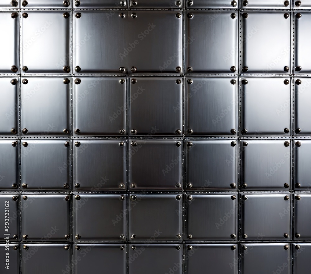 Poster A close-up view metallic wall panel with a grid-like pattern of square tiles, each with a small square hole and a metal stud