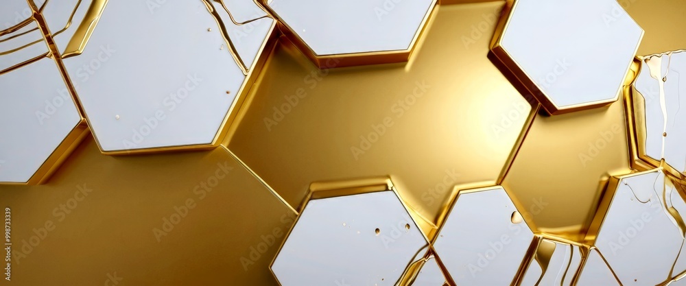 Poster a geometric pattern composed of white hexagonal shapes with gold accents, arranged in a repeating pattern against a white background