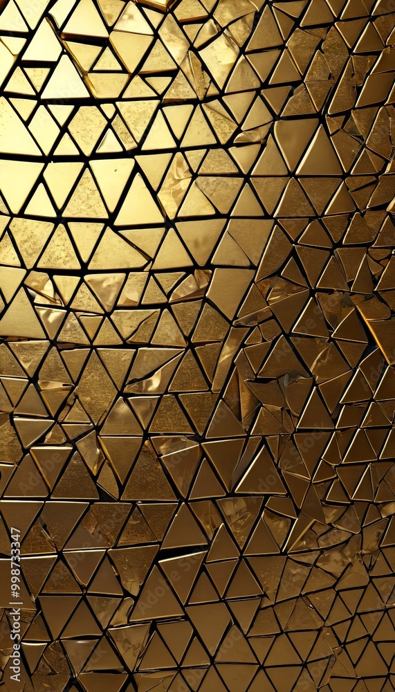 Poster a close-up view mosaic pattern composed of numerous small triangular tiles arranged in a repeating pattern The tiles are gold in color, creating a visually striking