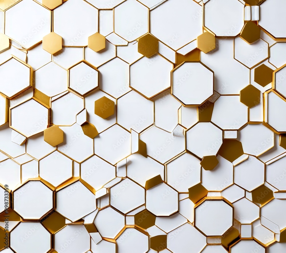Poster a repeating pattern of white hexagonal shapes with gold accents, arranged in a grid-like formation against a white background.