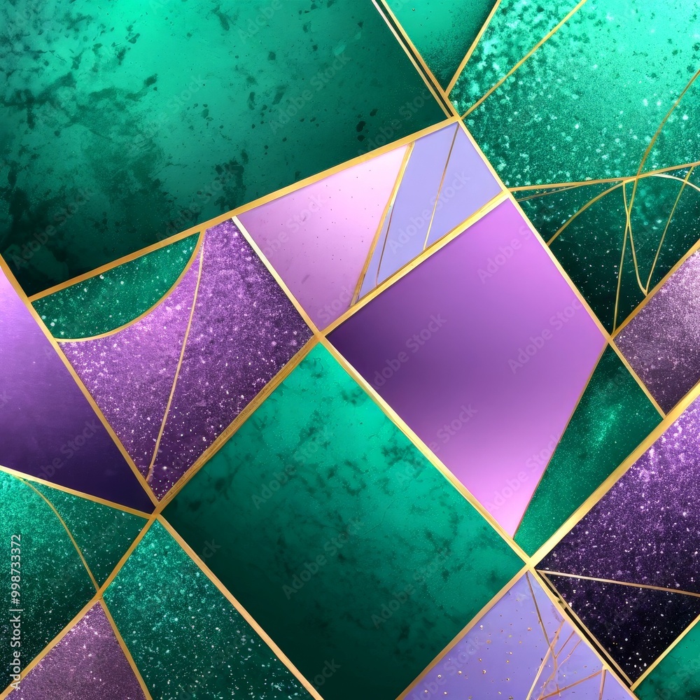 Poster a vibrant abstract composition of intersecting lines and shapes in various shades of green, purple, and gold, creating a dynamic and visually striking pattern