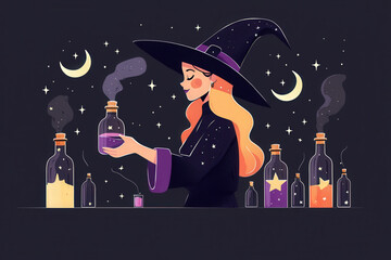 A whimsical witch is pouring colorful potion into bottle, surrounded by star labeled containers and magical night sky filled with moons and stars