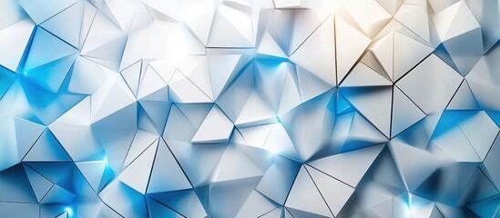 Abstract geometric background with blue and white triangles and glowing light.
