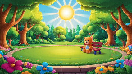 Sunny Day in the Park
This cheerful scene depicts a teddy bear enjoying a sunny day in a park surrounded by lush green trees and colorful flowers.

