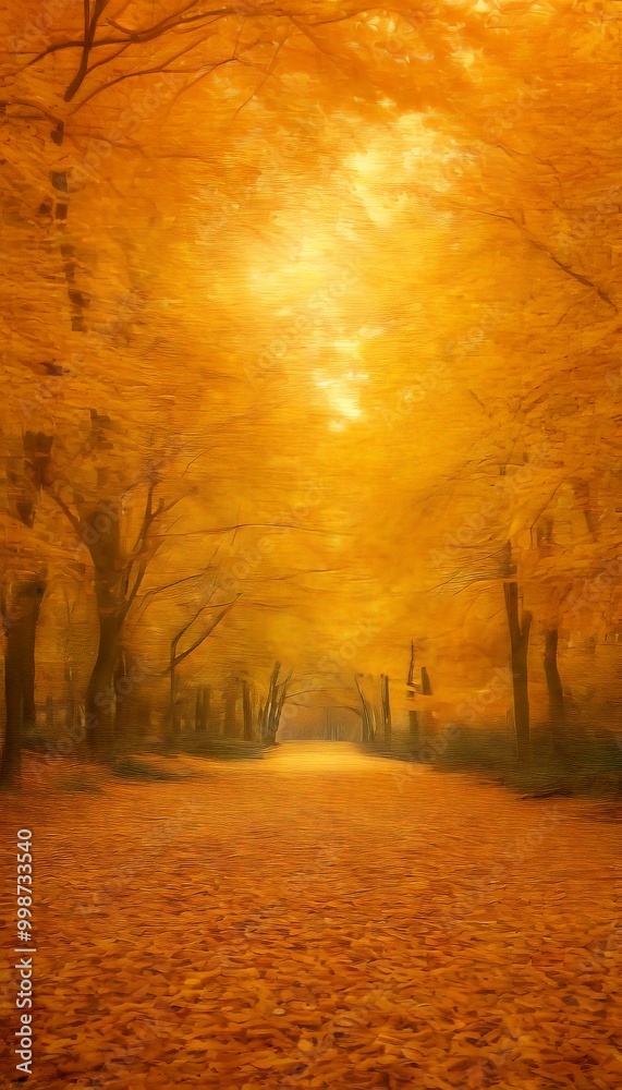 Poster a tranquil autumn scene unfolds in a park, with a path lined by trees displaying vibrant yellow leav